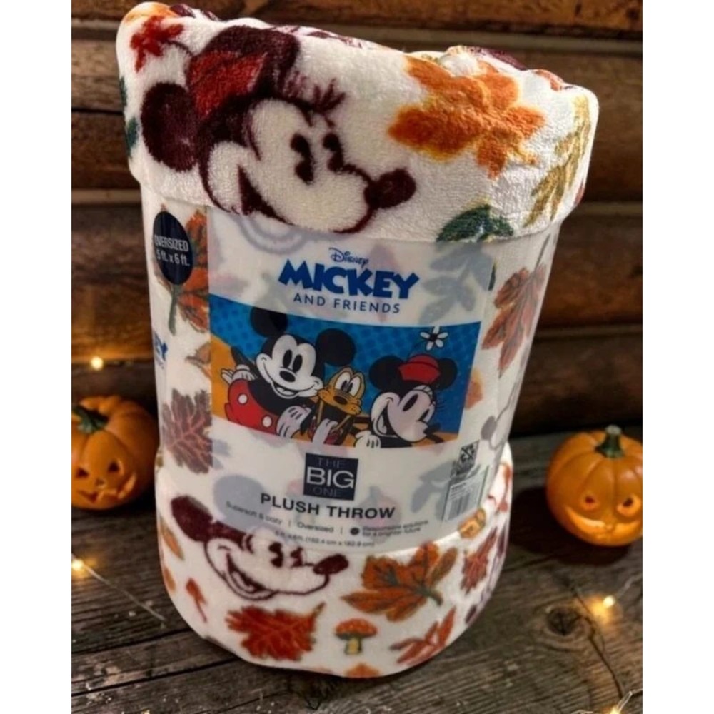 Disney Mickey Minnie Mouse Fall Leaves Plush Throw Blanket Oversized 60x72 New